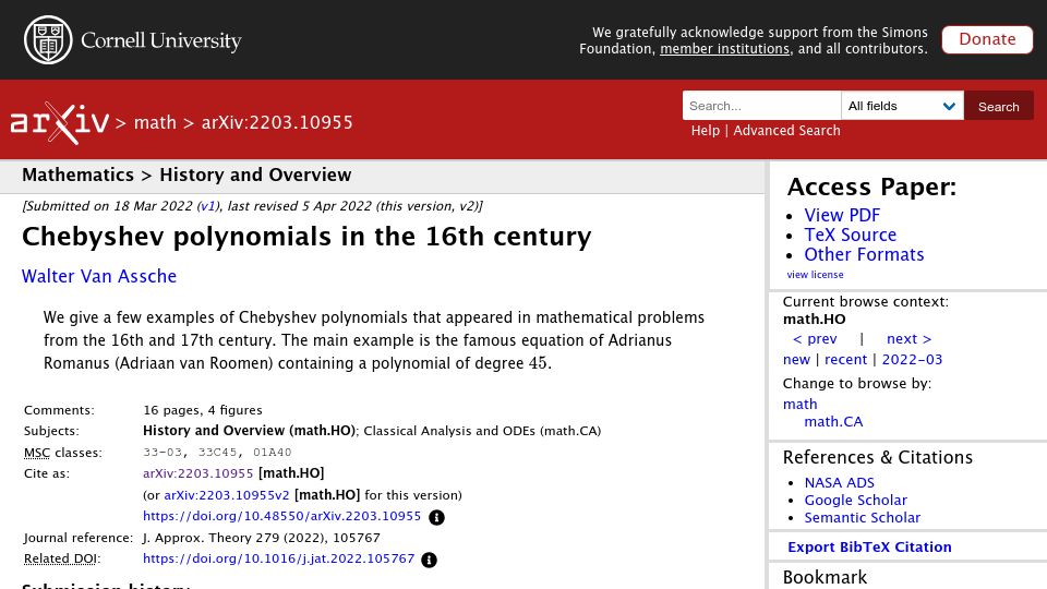 Screenshot of arxiv.org: Chebyshev Polynomials in the 16th Century (2022)
