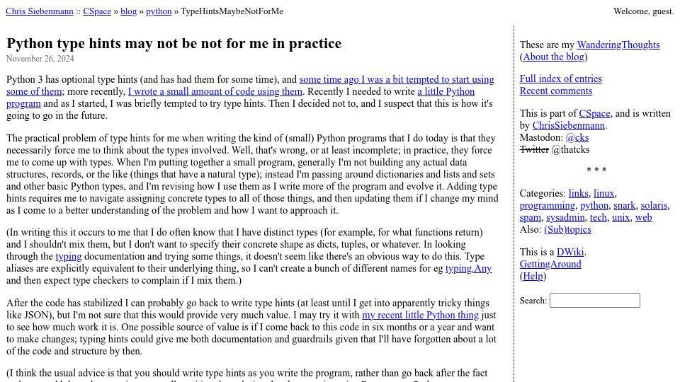 Screenshot of utcc.utoronto.ca: Python type hints may not be not for me in practice