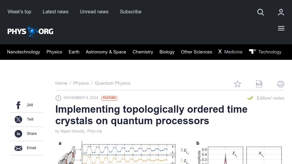 Screenshot of phys.org: Implementing topologically ordered time crystals on quantum processors