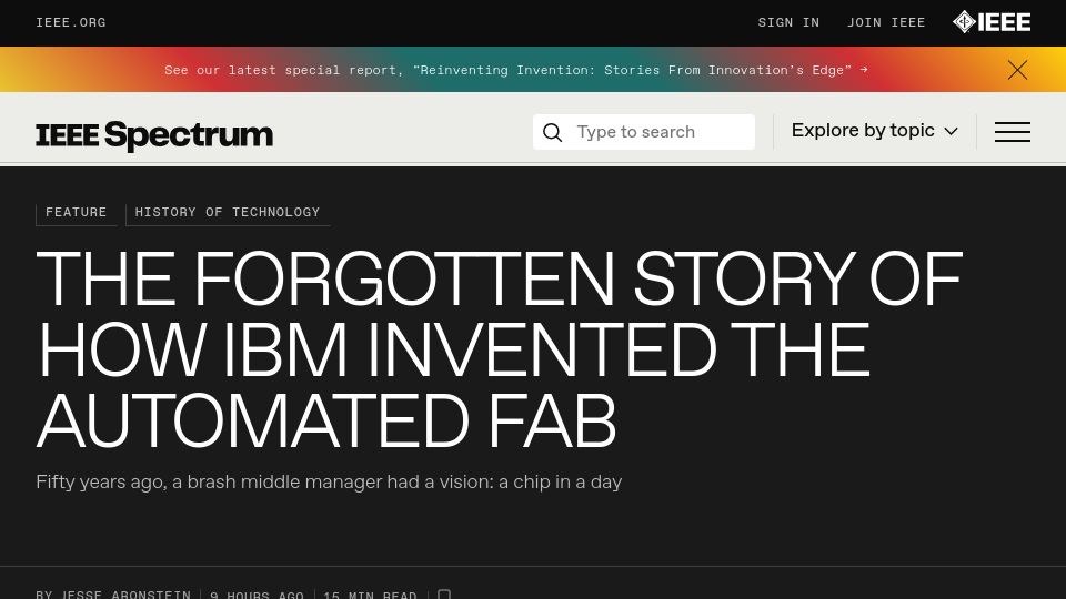 Screenshot of spectrum.ieee.org: The Forgotten Story of How IBM Invented the Automated Fab