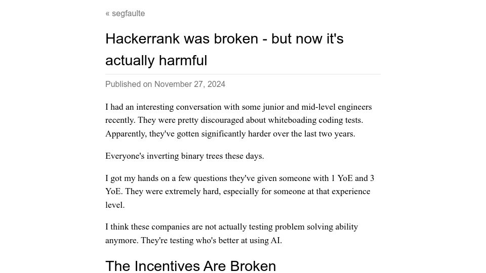 Screenshot of segfaulte.mataroa.blog: Hackerrank was broken – but now it's harmful