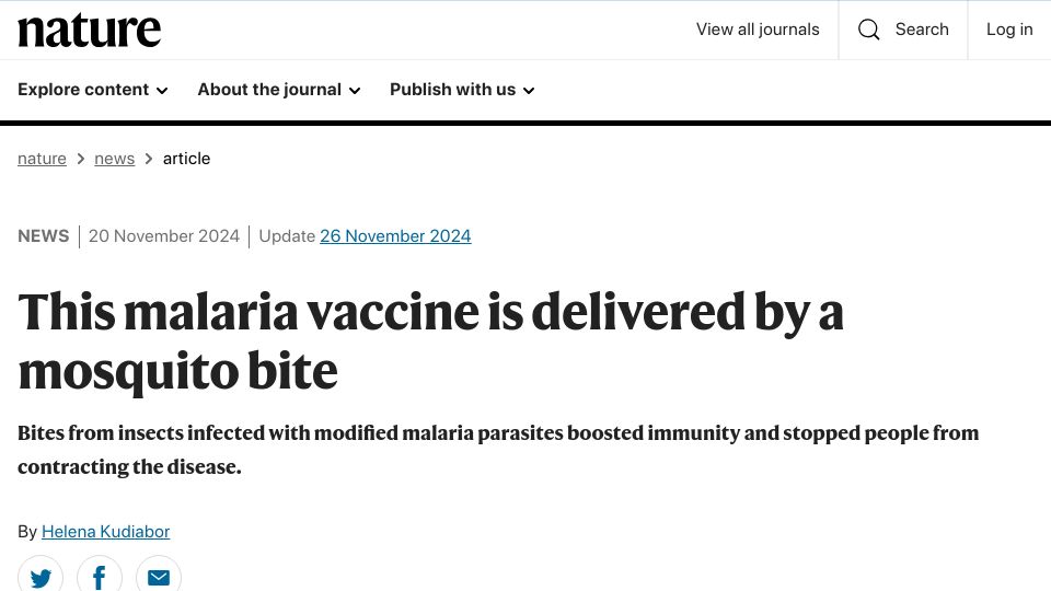 Screenshot of nature.com: Malaria vaccine delivered by a mosquito bite