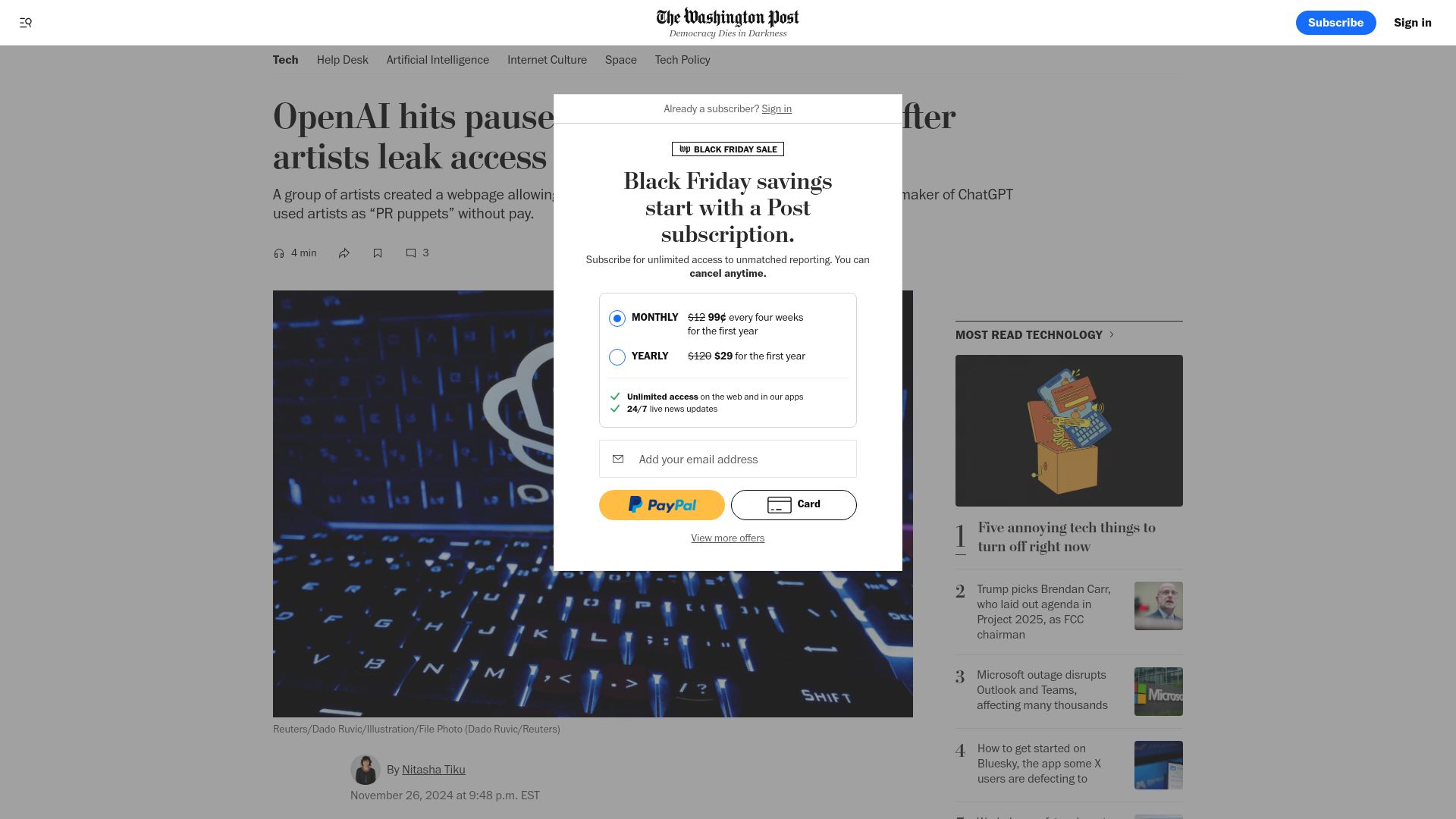 Screenshot of washingtonpost.com: OpenAI hits pause on video model Sora after artists leak access in protest