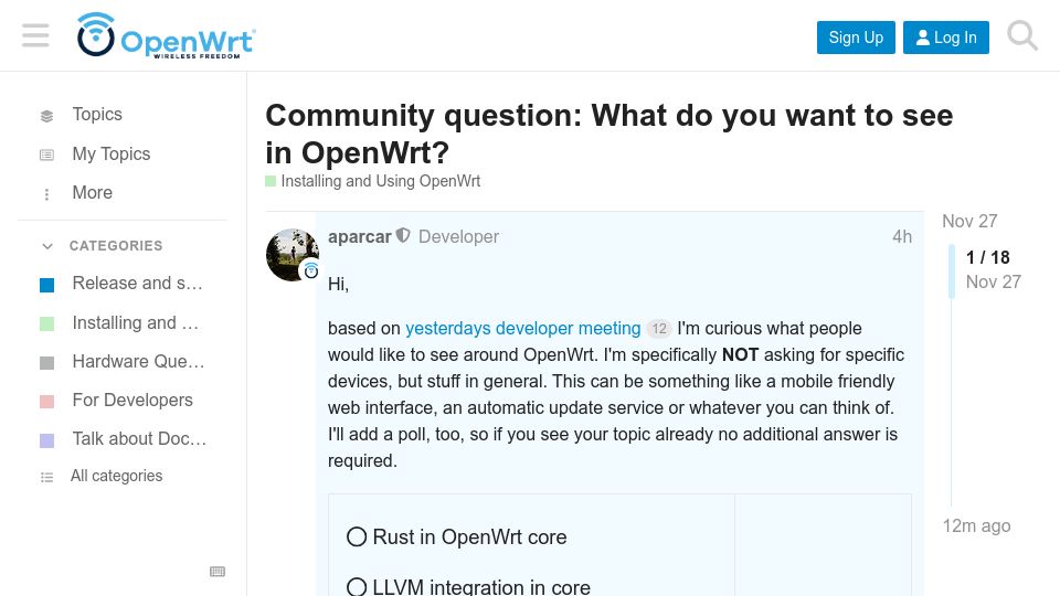 Screenshot of forum.openwrt.org: OpenWrt Community question: What do you want to see in OpenWrt?