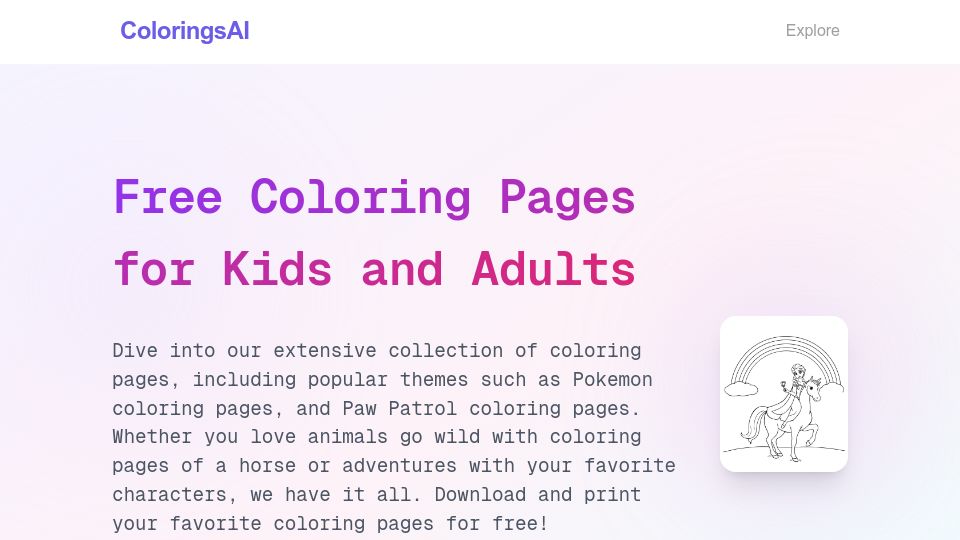 Screenshot of coloringsai.com: Show HN: ColoringsAI – Custom Coloring Pages from Ideas (My Daughter's Idea)