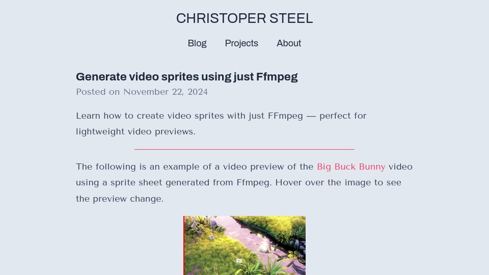 Screenshot of steelcm.com: Generate video sprites using just FFmpeg