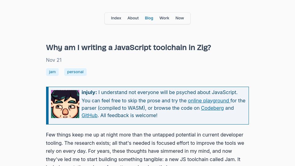 Screenshot of injuly.in: Why am I writing a JavaScript toolchain in Zig?