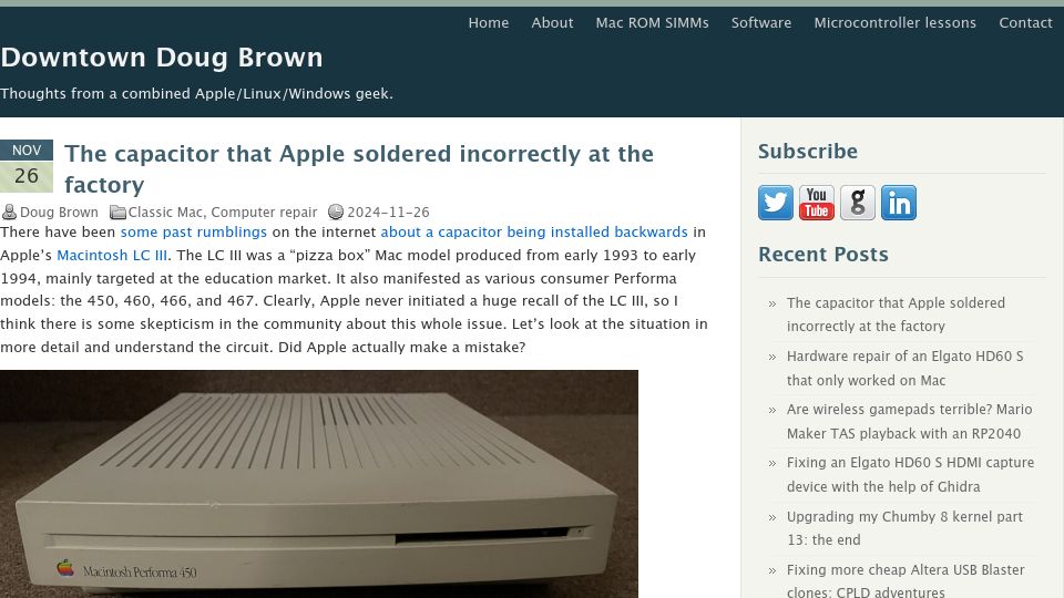 Screenshot of downtowndougbrown.com: The capacitor that Apple soldered incorrectly at the factory