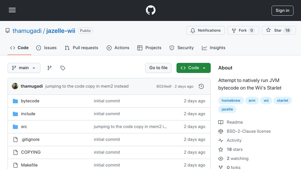 Screenshot of github.com: Executing ARM Jazelle (JVM Bytecode) on the Wii's Starlet