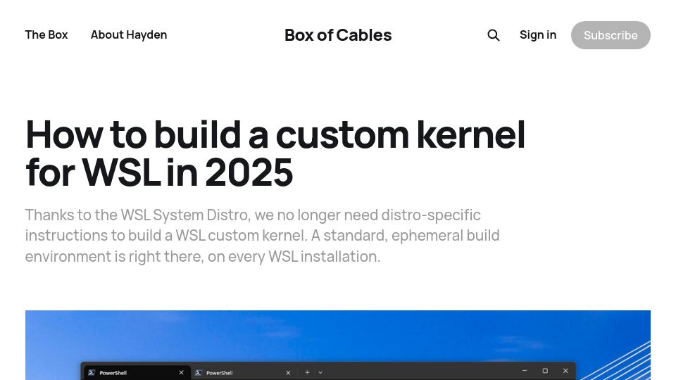 Screenshot of boxofcables.dev: How to build a custom kernel for WSL in 2025
