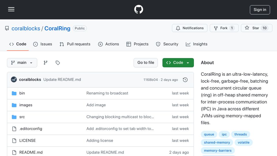 Screenshot of github.com: Ultra-low-latency, batching and concurrent queue for IPC in Java