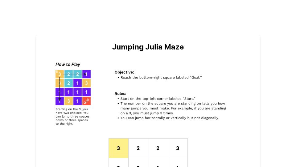 Screenshot of jumpingjuliamaze.onrender.com: Show HN: Jumping Julia Maze