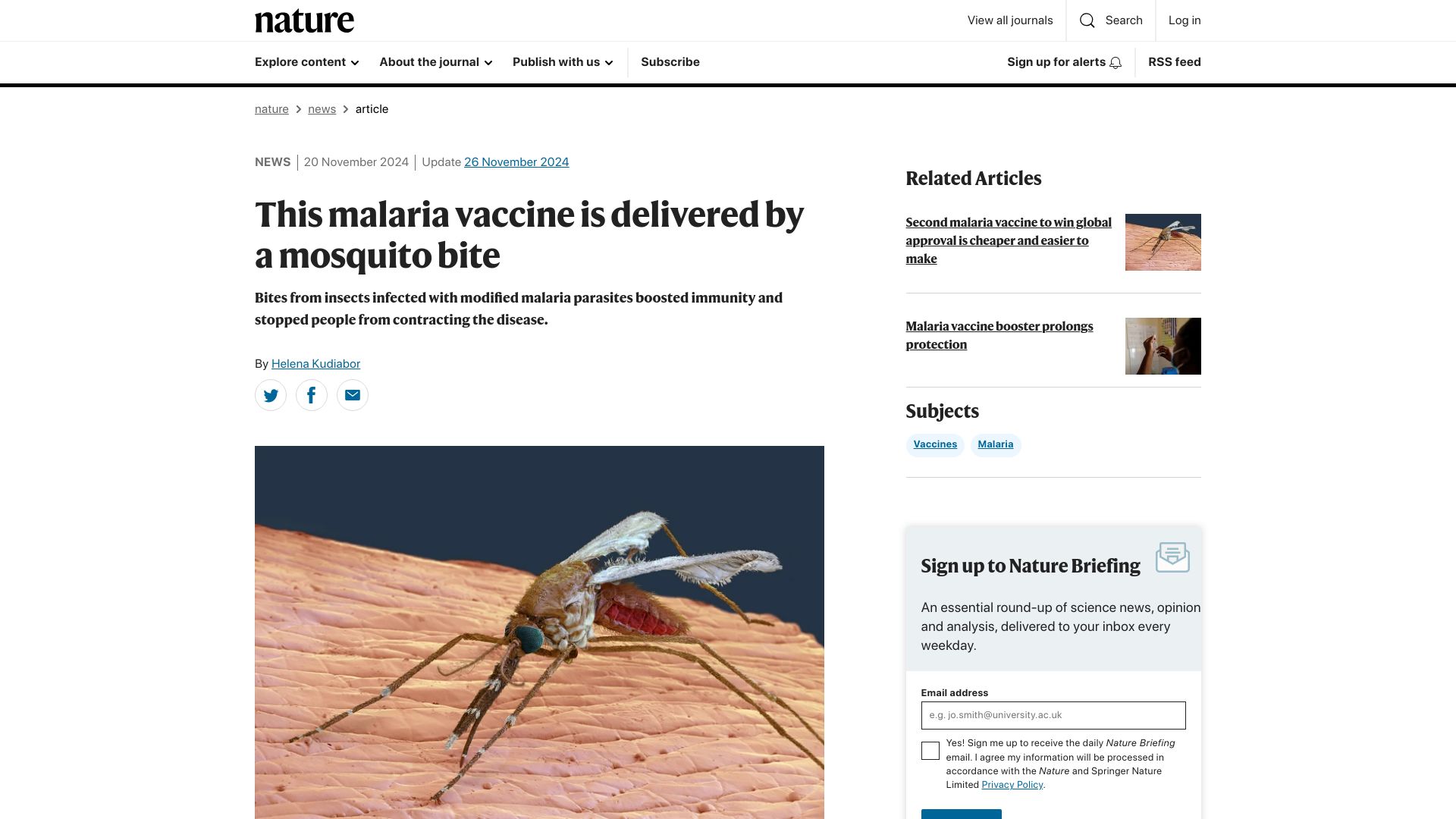 Screenshot of nature.com: Malaria vaccine delivered by a mosquito bite