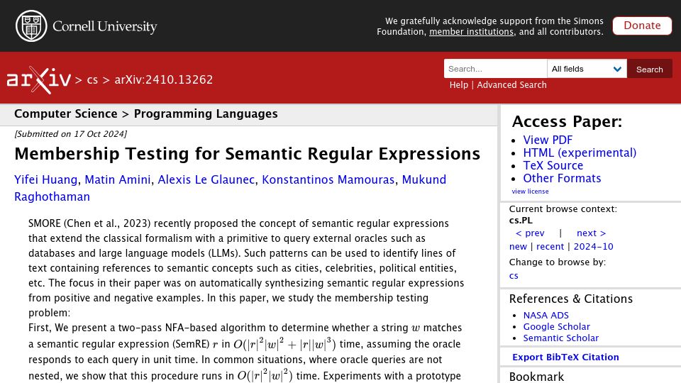 Screenshot of arxiv.org: Regular Expressions which query an Oracle