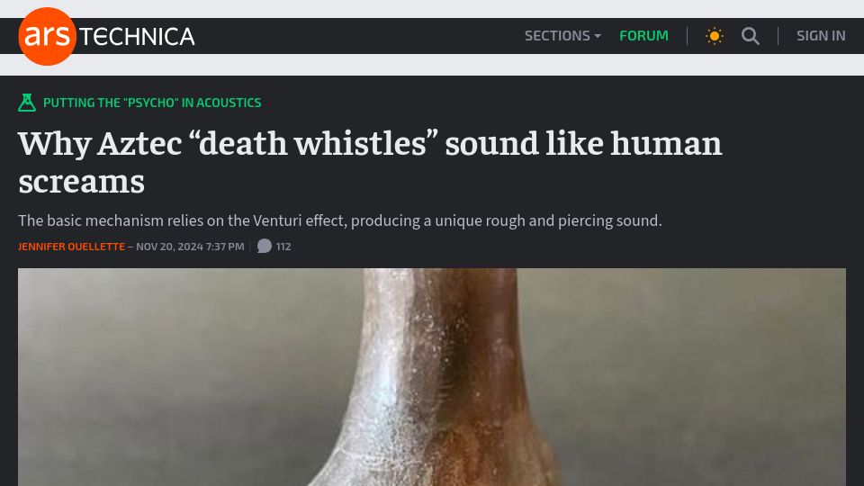 Screenshot of nature.com: Psychoacoustic and archeoacoustic nature of ancient Aztec skull whistles