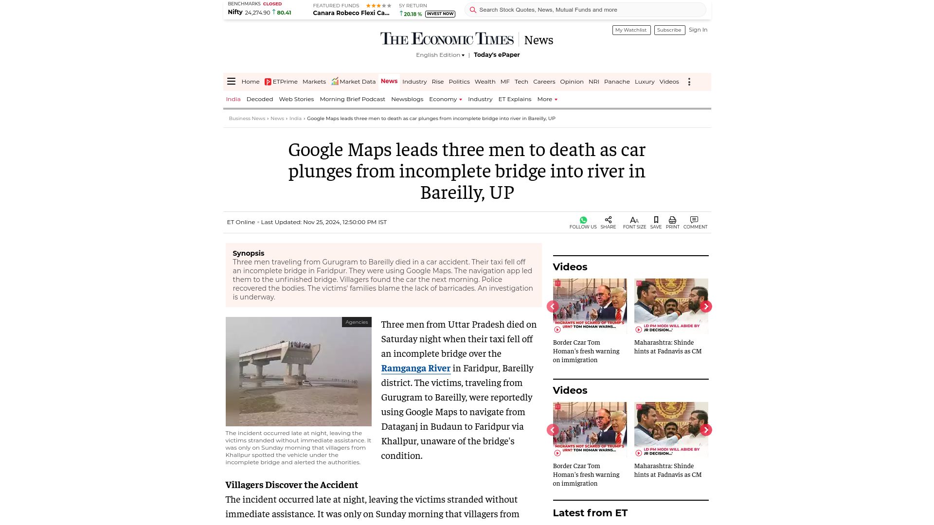 Screenshot of economictimes.indiatimes.com: Google Maps leads three men to death as car plunges from incomplete bridge