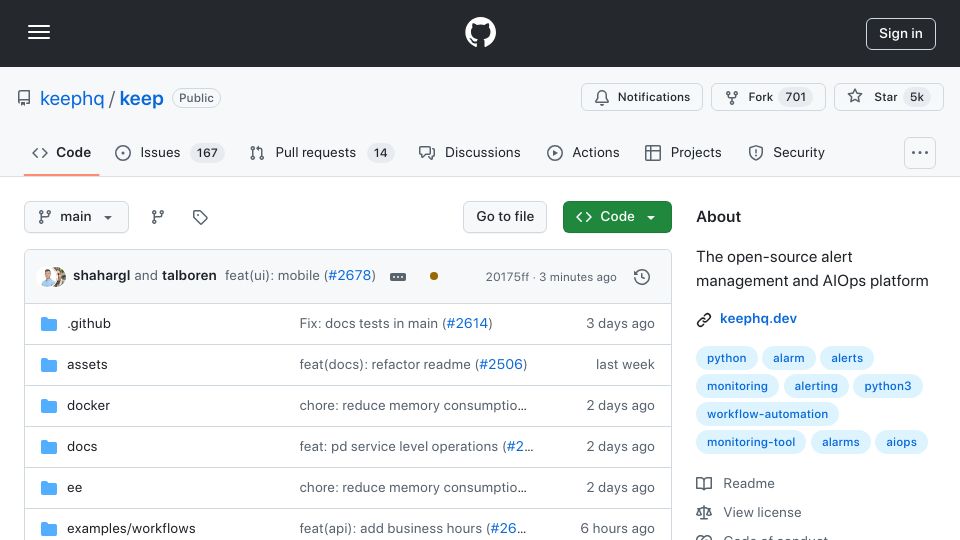 Screenshot of github.com: Launch HN: Keep (YC W23) – AIOps and alert management