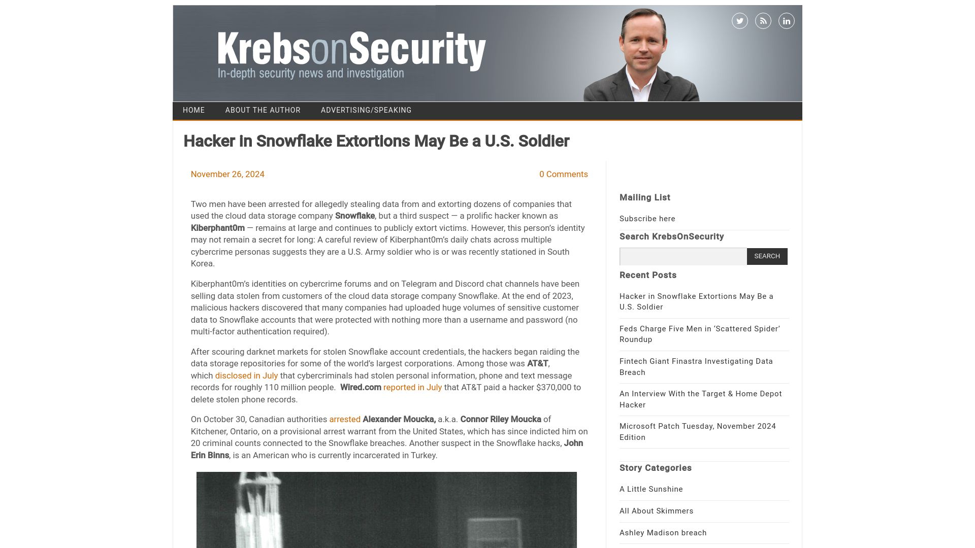 Screenshot of krebsonsecurity.com: Hacker in Snowflake extortions may be a U.S. soldier