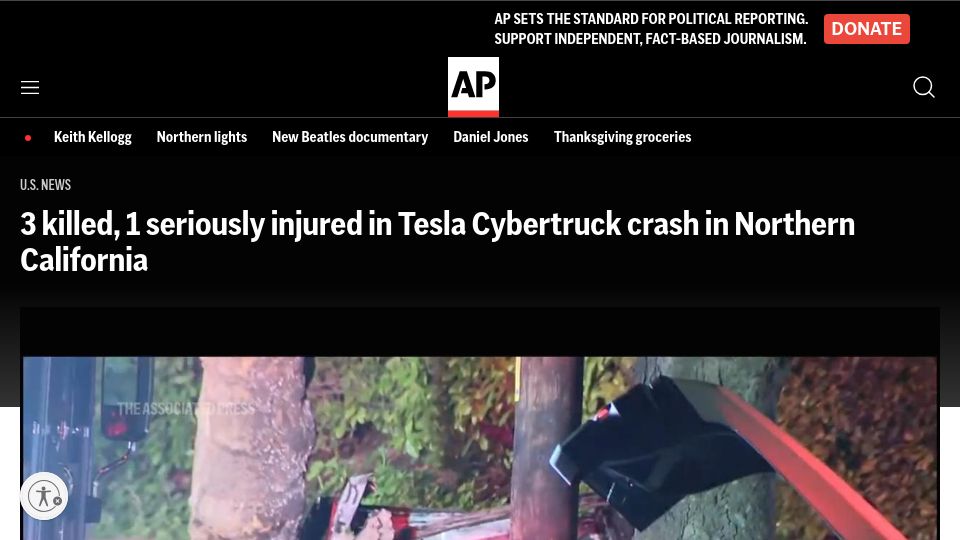 Screenshot of apnews.com: 3 killed, 1 seriously injured in Tesla Cybertruck crash in Northern California