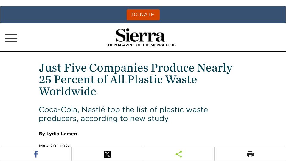 Screenshot of sierraclub.org: Five Companies Produce Nearly 25 Percent of All Plastic Waste Worldwide