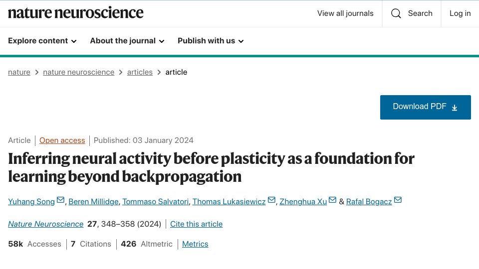 Screenshot of nature.com: Brain learning differs fundamentally from artificial intelligence systems