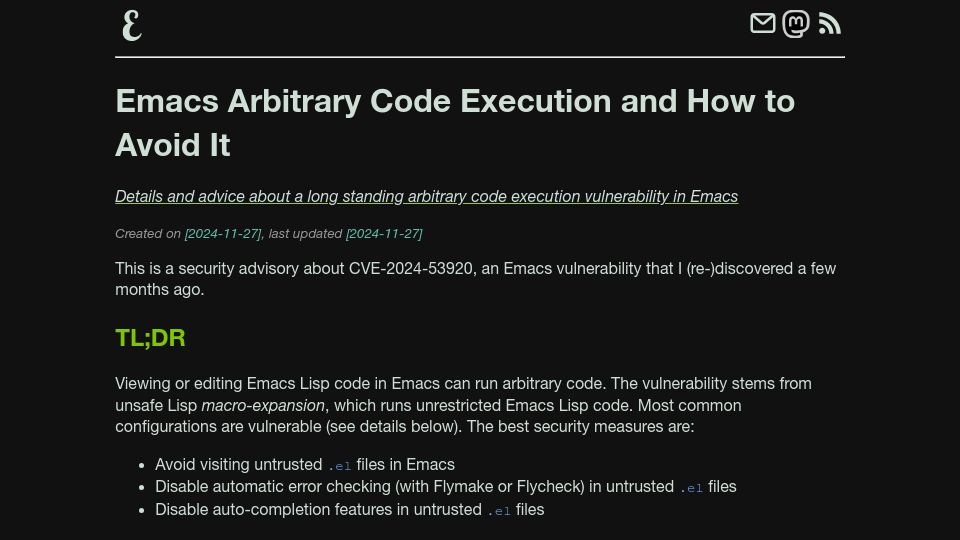 Screenshot of eshelyaron.com: Emacs arbitrary code execution and how to avoid it