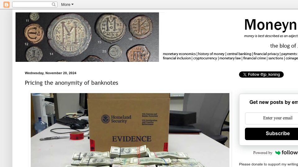 Screenshot of jpkoning.blogspot.com: Pricing the anonymity of banknotes