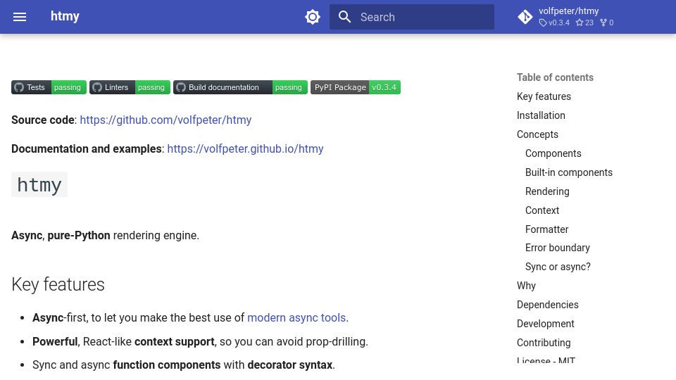 Screenshot of volfpeter.github.io: Htmy – Async, pure-Python rendering engine