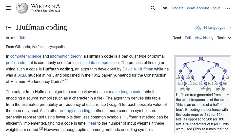 Screenshot of en.wikipedia.org: Huffman Coding