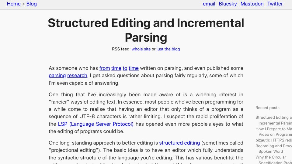 Screenshot of tratt.net: Structured Editing and Incremental Parsing