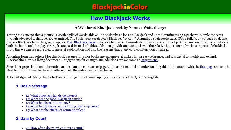 Screenshot of blackjackincolor.com: How Blackjack Works (2007)
