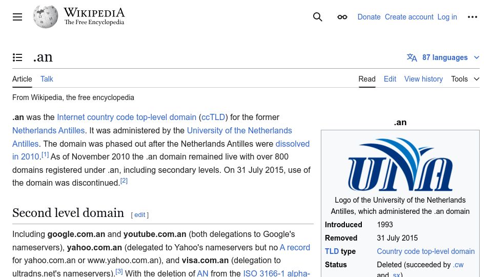 Screenshot of en.wikipedia.org: .an, the TLD that ceased to exist