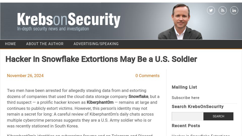 Screenshot of krebsonsecurity.com: Hacker in Snowflake extortions may be a U.S. soldier