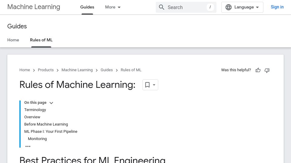 Screenshot of developers.google.com: Google Rules of Machine Learning (2018)