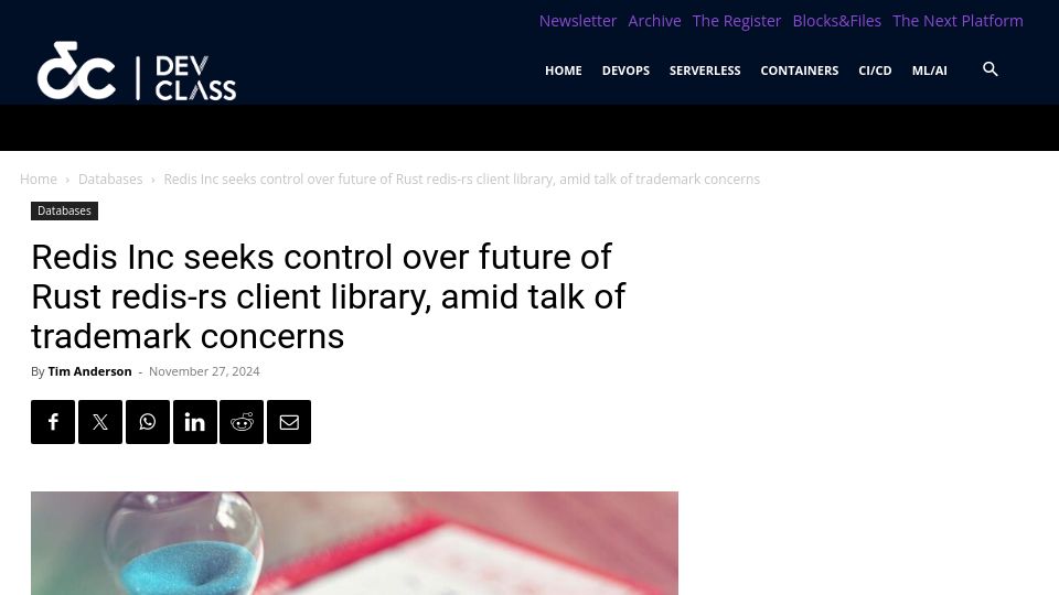 Screenshot of devclass.com: Redis Inc seeks control over future of Rust redis-rs client library