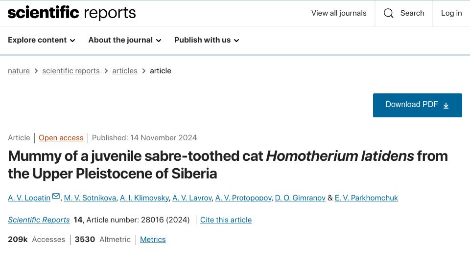 Screenshot of nature.com: Mummy of juvenile sabre-toothed cat Homotherium latidens from Upper Pleistocene