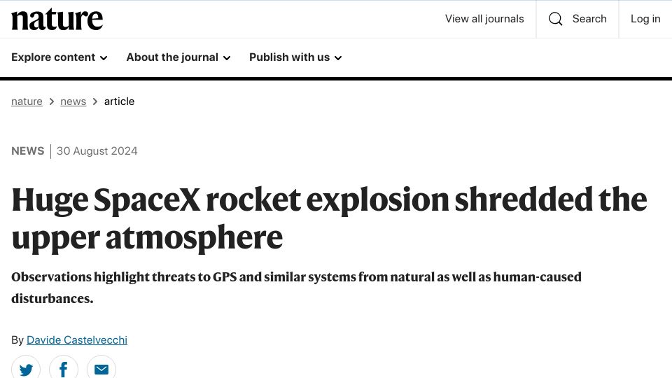 Screenshot of nature.com: SpaceX rocket explosion shredded the upper atmosphere