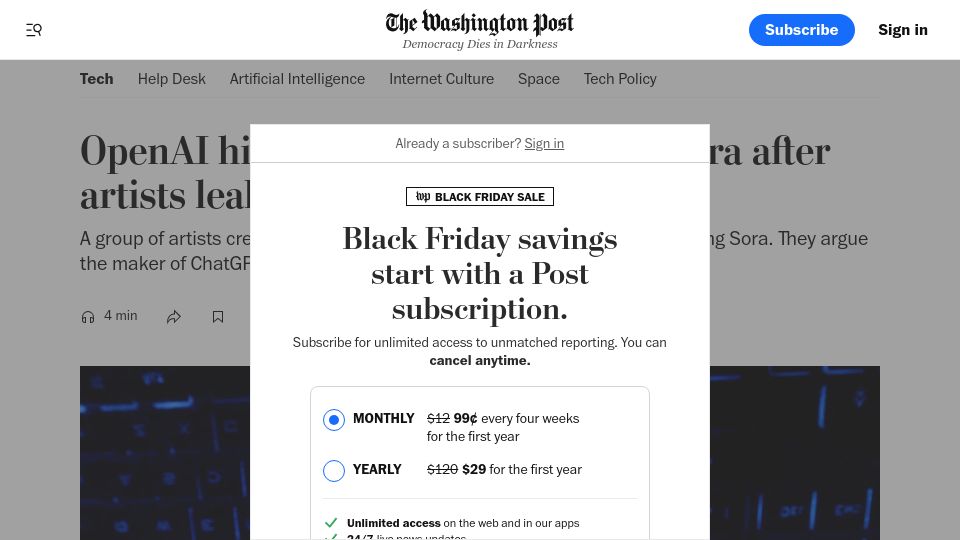 Screenshot of washingtonpost.com: OpenAI hits pause on video model Sora after artists leak access in protest