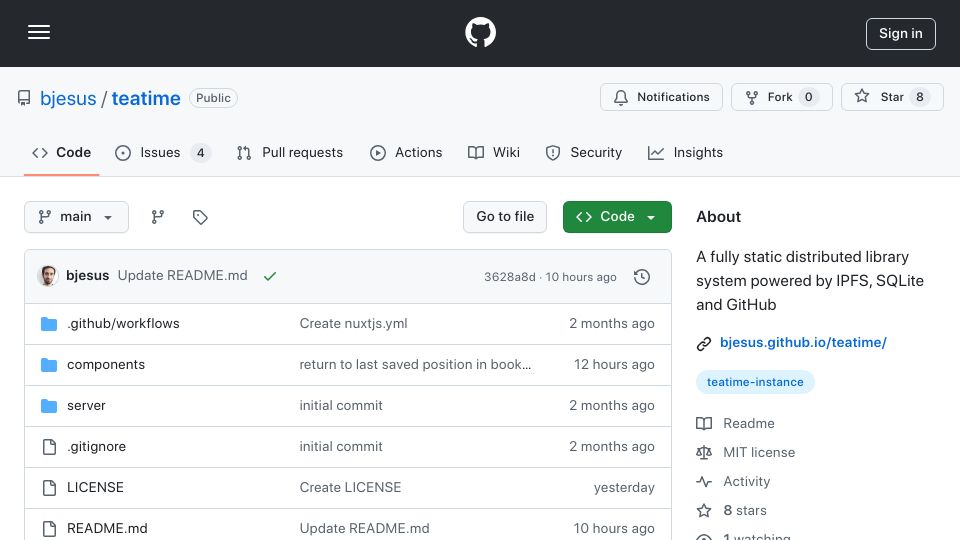 Screenshot of github.com: Show HN: TeaTime – distributed book library powered by SQLite, IPFS and GitHub