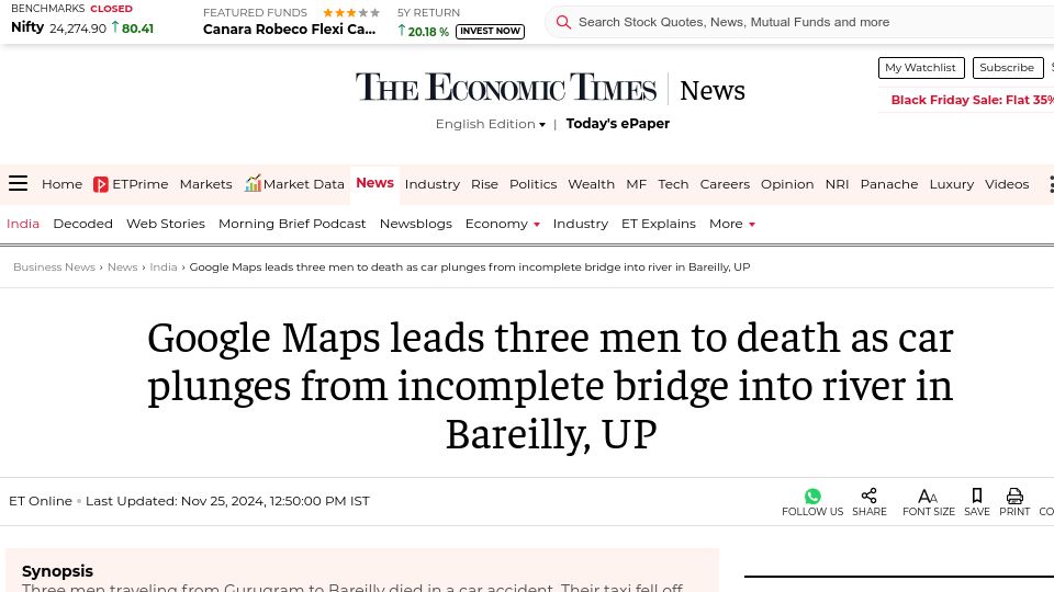 Screenshot of economictimes.indiatimes.com: Google Maps leads three men to death as car plunges from incomplete bridge
