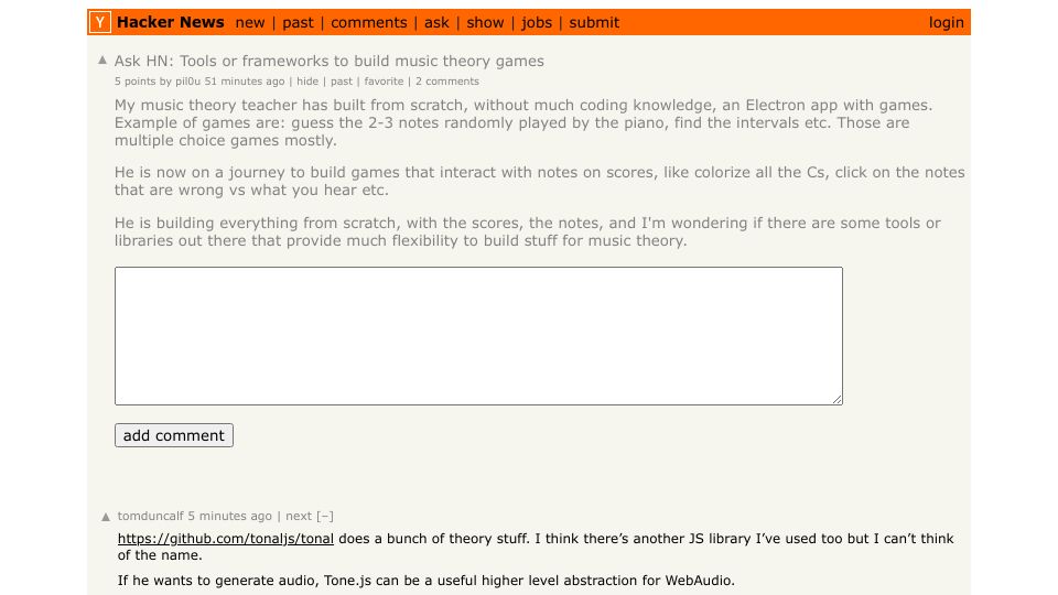 Screenshot of Hacker News post: Ask HN: Tools or frameworks to build music theory games