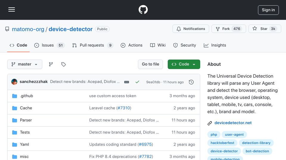 Screenshot of github.com: Device-detector: Universal Device Detection library from User Agent