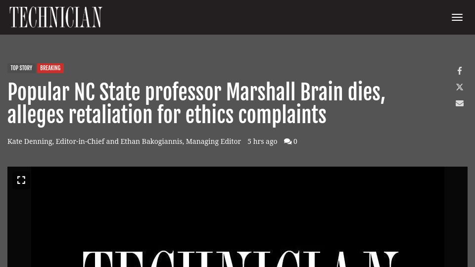 Screenshot of technicianonline.com: Marshall Brain died hours after alleging retaliation at NC State