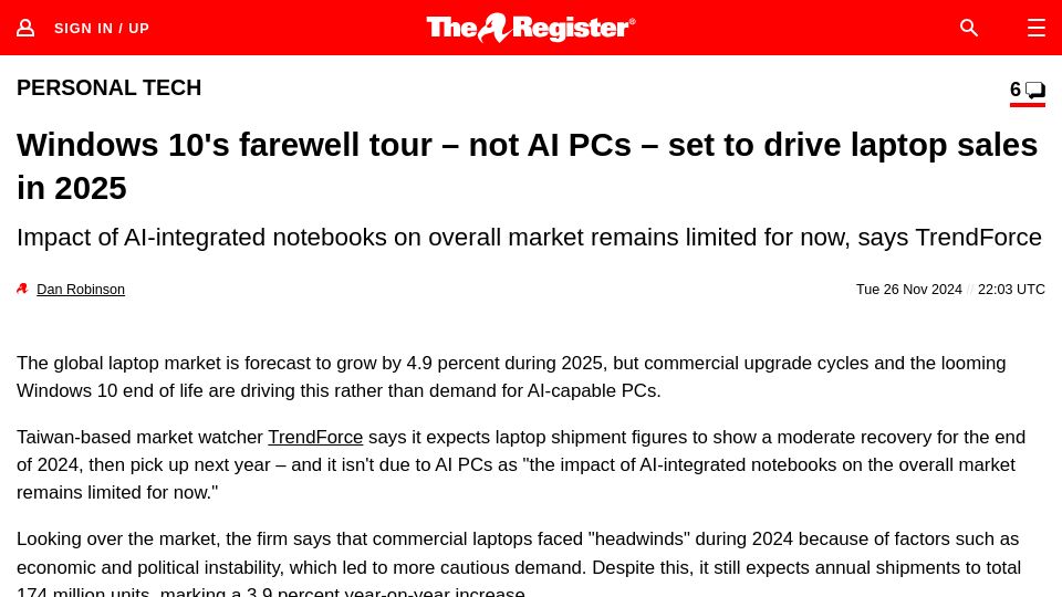 Screenshot of theregister.com: Windows 10's farewell tour – not AI PCs – set to drive laptop sales in 2025