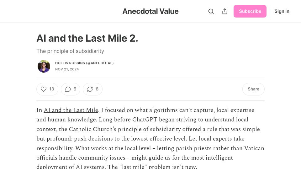 Screenshot of hollisrobbinsanecdotal.substack.com: AI and the Last Mile 2: Subsidiarity