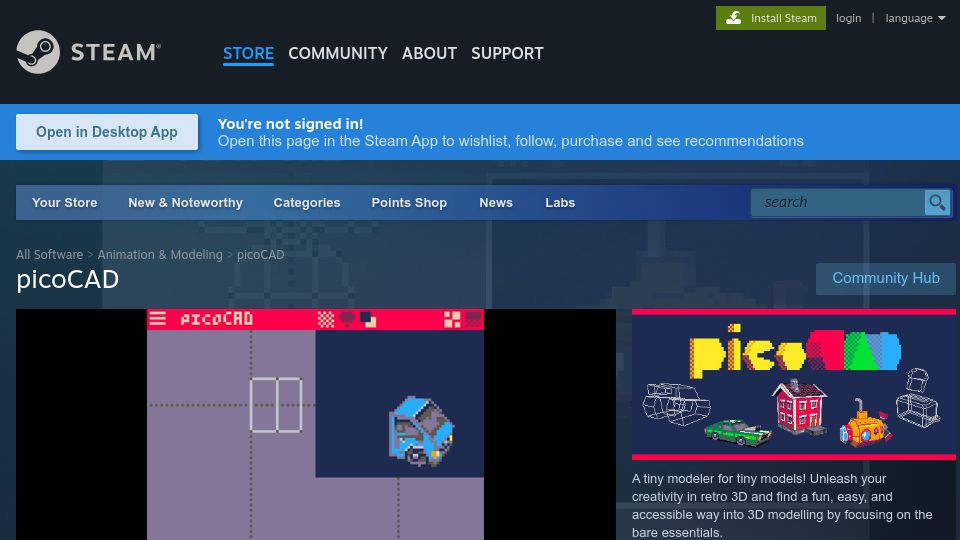 Screenshot of store.steampowered.com: picoCAD – a tiny modeler for tiny models