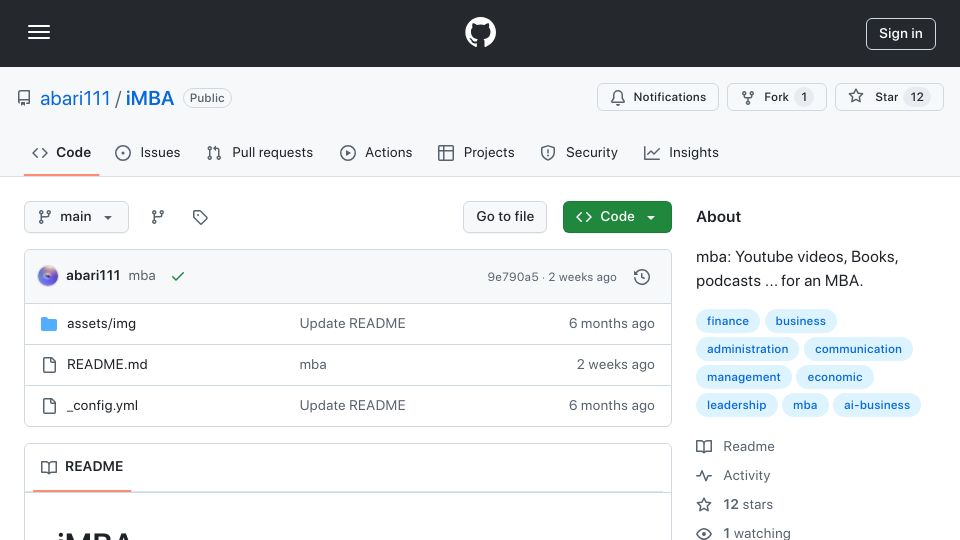 Screenshot of github.com: IMBA: A Curated Self-Learning MBA Inspired by 'The Personal MBA