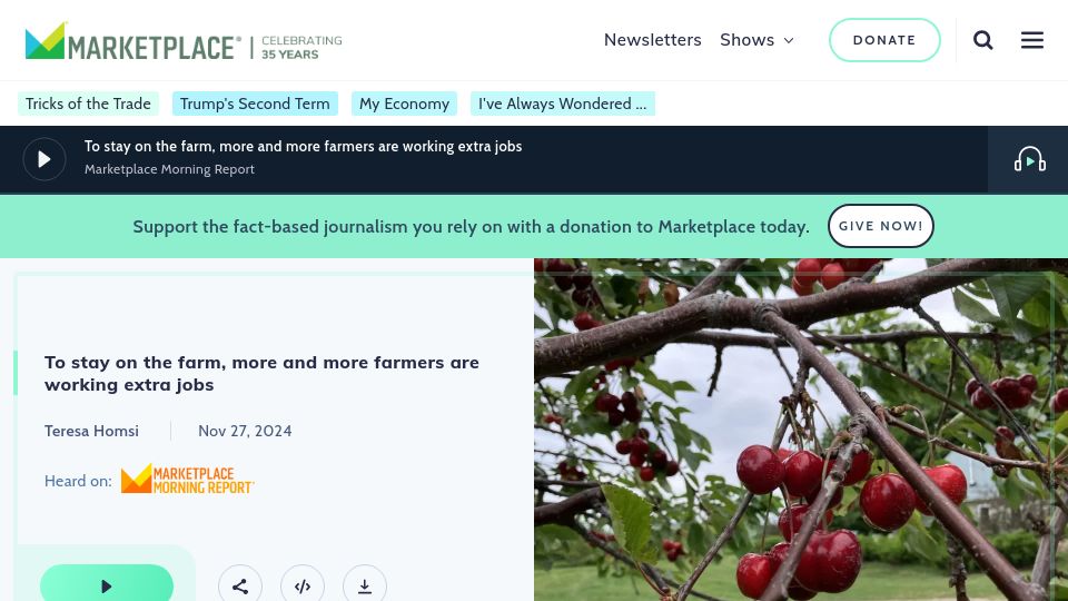 Screenshot of marketplace.org: Most American farmers have second jobs to stay afloat