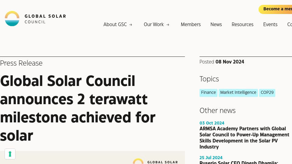 Screenshot of globalsolarcouncil.org: Global Solar Council announces 2 terawatt milestone achieved for solar