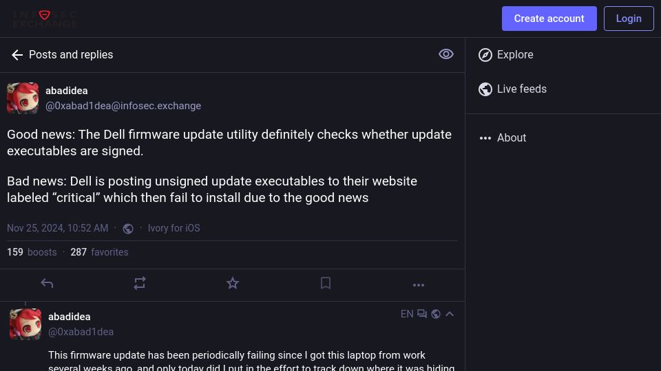 Screenshot of infosec.exchange: Dell is posting unsigned updates to their website which fail to install
